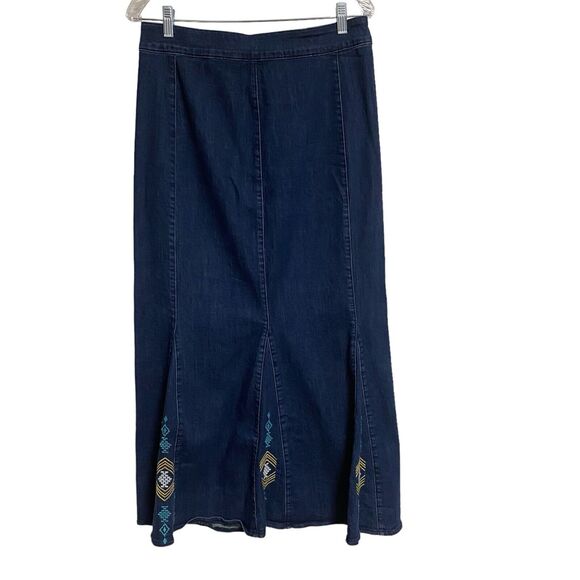 Ashro Dresses & Skirts - Ashro Maxi Denim Skirt Sz 10 Embroidered Flared Mermaid Godet Boho Long